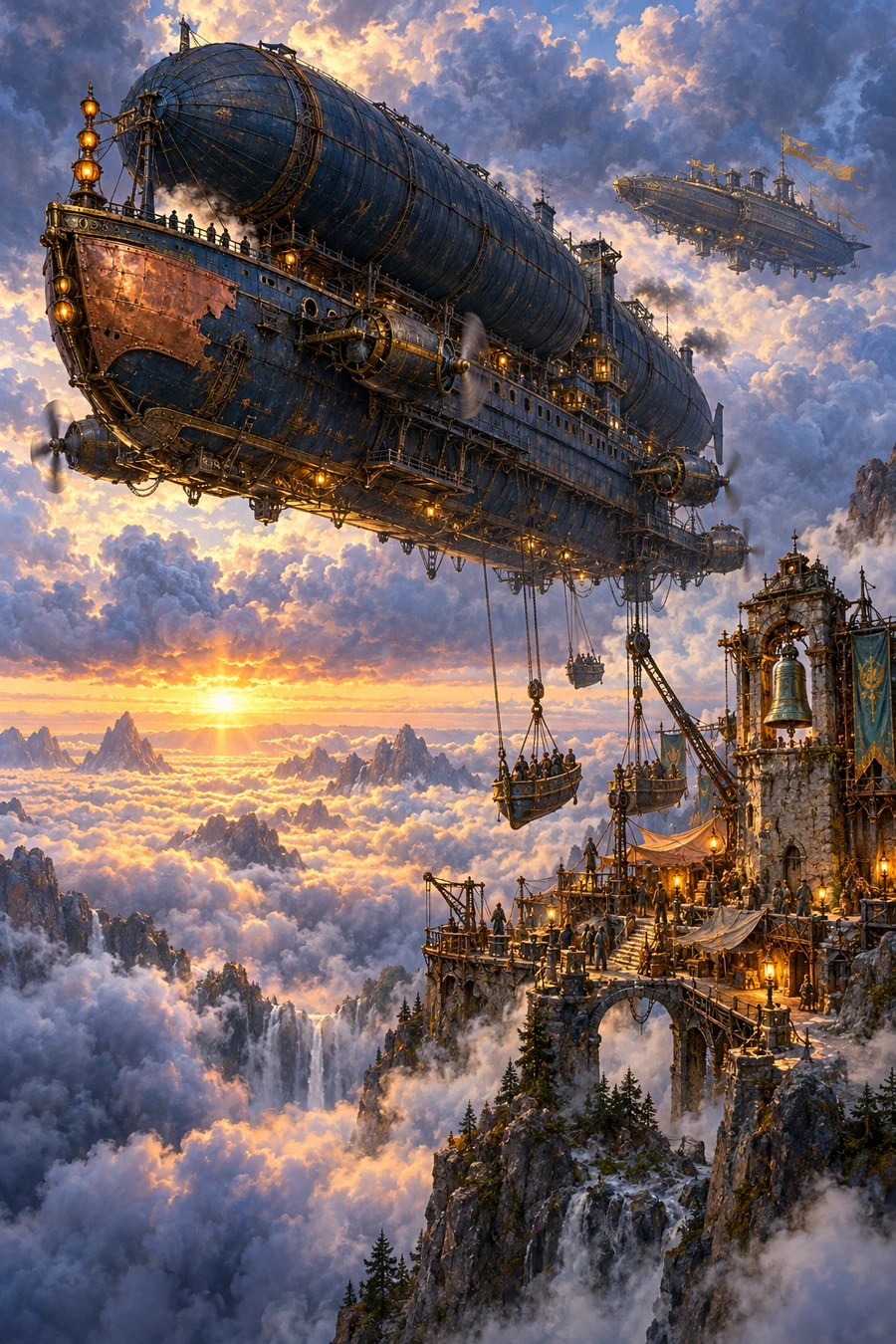 The enormous armored Unbroken protects a hidden mountain harbor beneath the clouds.
