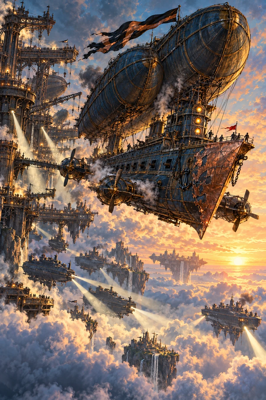 The colossal Unbroken escapes an imperial sky dock at dawn.
