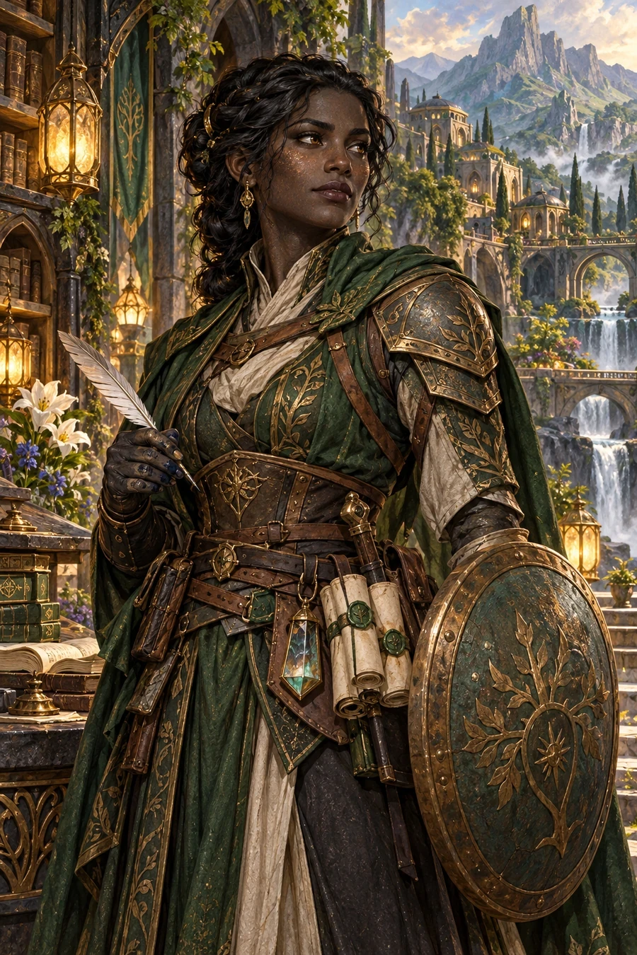 Maera Tal, a mineral-skinned Veyari pen-warden with a quill, shield and witness prism.