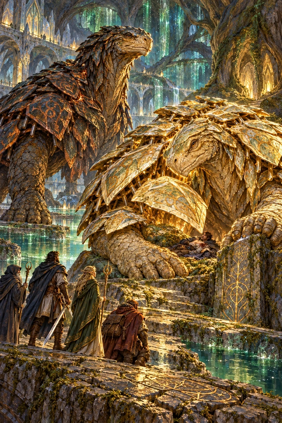 Ivory-and-gold Auraleth and basalt-and-copper Vaulkor in the ancient root vault.